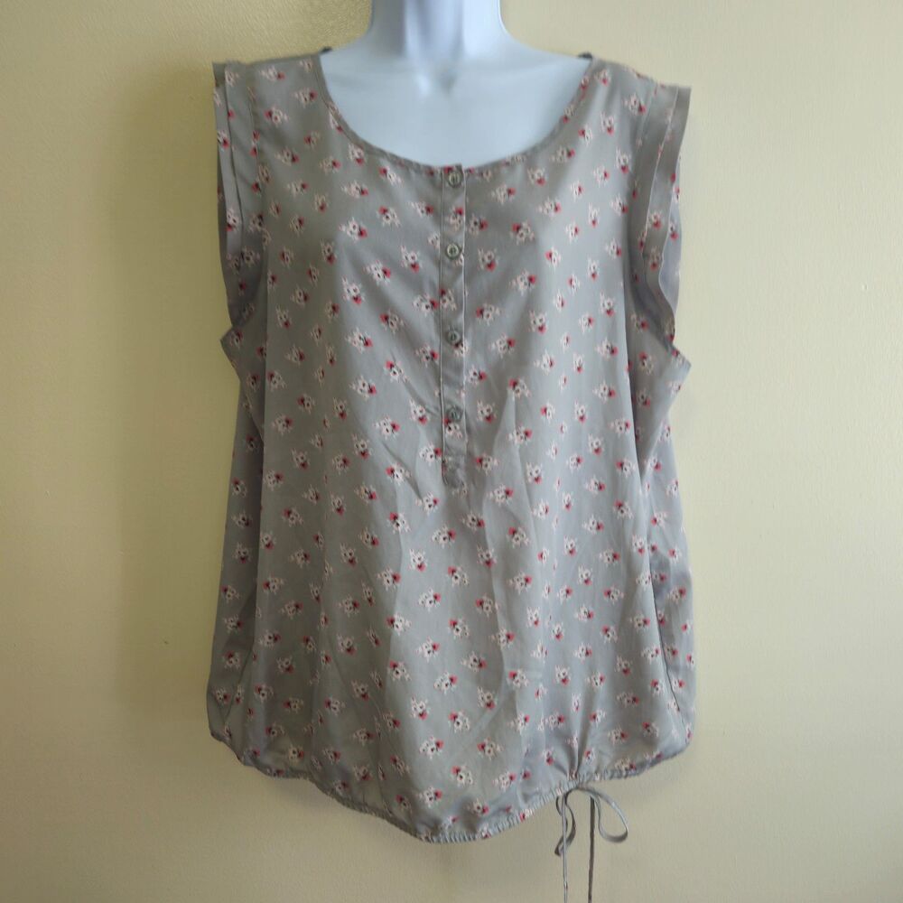 Loft Floral Sleeveless 4 Button Front Blouse Bubble Hem Drawsting Women XL